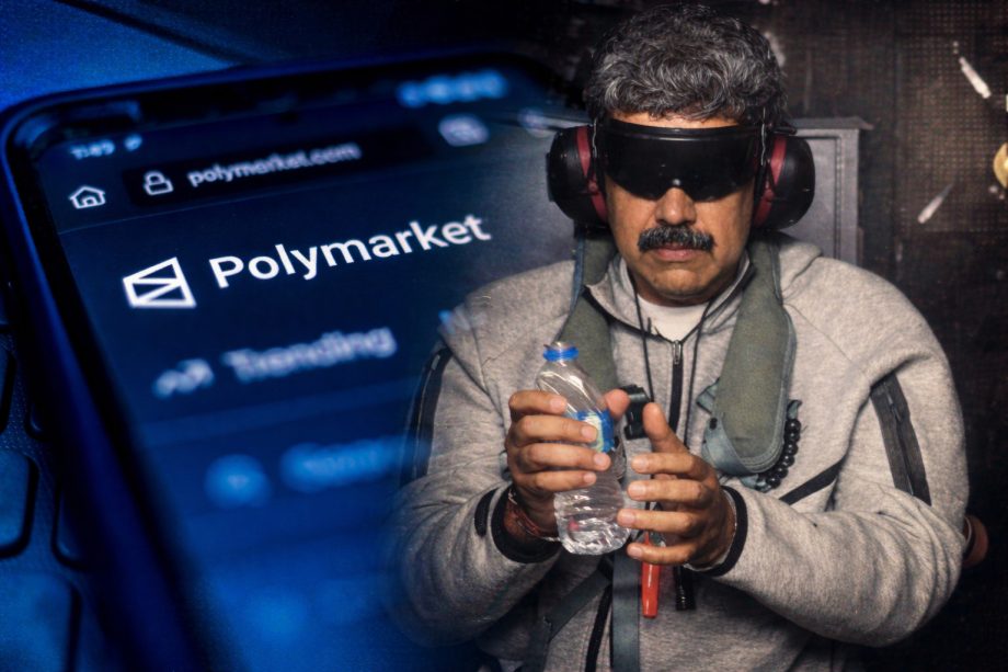 Ein mit Handschellen gefesselter älterer Mann trägt eine Sichtschutzbrille und Kopfhörer. Daneben ist auf einem Smartphone die Wettplattform Polymarket zu sehen.