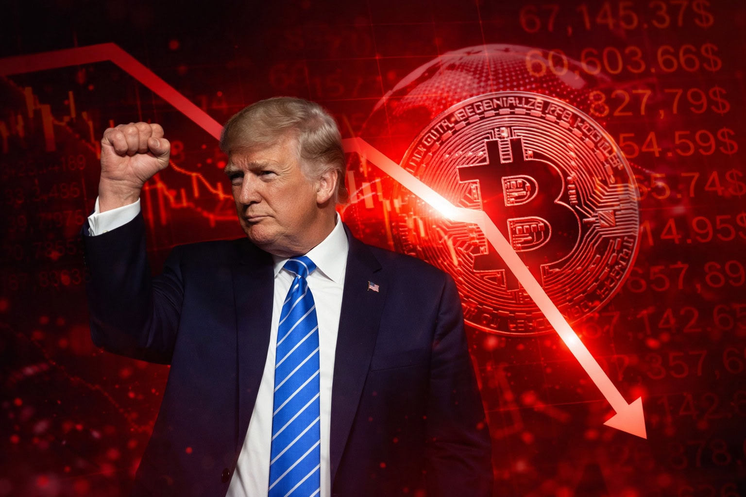 Donald Trump vor Bitcoin-Hintergrund mit fallendem Markt als Symbol für Volatilität durch Zölle