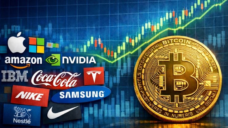 Verschiedene Firmenlogos und eine Bitcoin-Münze vor dem Hintergrund eines steigenden Charts