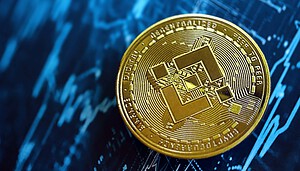 Eine goldene BNB Binance-Münze ruht auf einem blauen Hintergrund, auf dem Finanzcharts und Datengrafiken zu sehen sind.