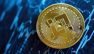 Eine goldene BNB Binance-Münze ruht auf einem blauen Hintergrund, auf dem Finanzcharts und Datengrafiken zu sehen sind.