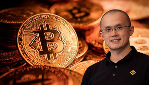 Goldene Bitcoin-Münzen liegen im Vordergrund. Rechts ist dezent das Porträt eines Mannes mit Brille und kurzem Haar zu sehen, ohne Arme oder Hände. Symbolbild für Bitcoin, Kryptomarkt und Einfluss von Krypto-Unternehmen auf den Markt.