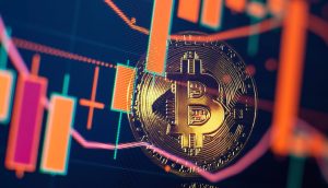 Bitcoin-Preisverfall vor einem roten abstrakten virtuellen Hintergrund. Börsenkonzept, digitales Geld und Aktiengeschäft.