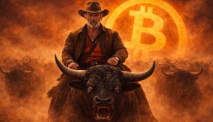 Michael Saylor reitet auf einem Bitcoin-Bullen im Indiana Jones Outfit