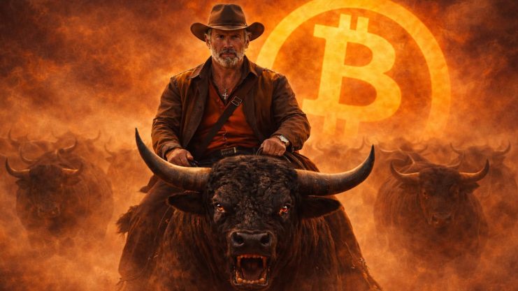 Michael Saylor reitet auf einem Bitcoin-Bullen im Indiana Jones Outfit
