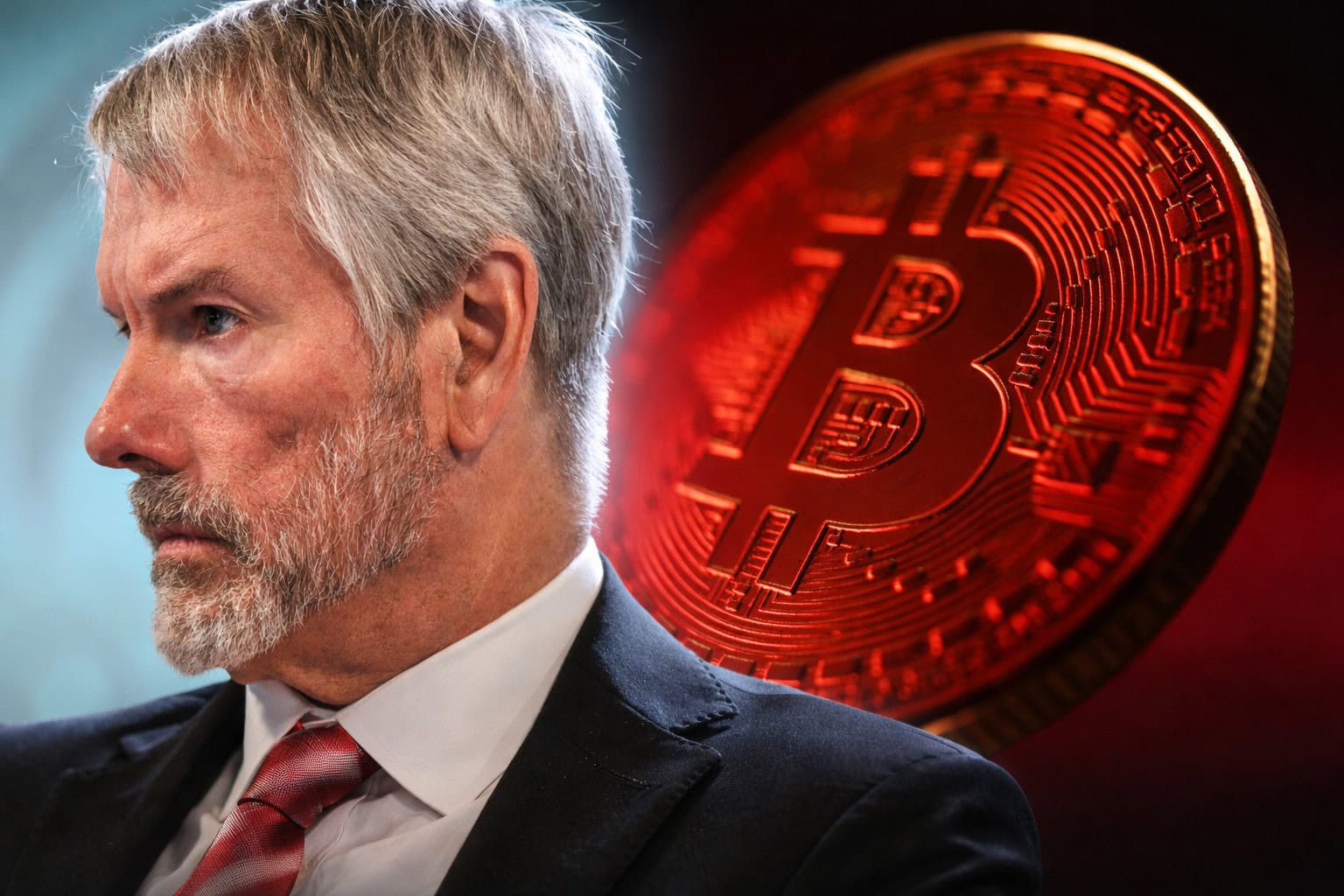 Auf dem Bild sieht man einen Mann mit kurzen grauen Haaren und grauem Bart neben einem rötlich gefärbten Bitcoin-Logo.