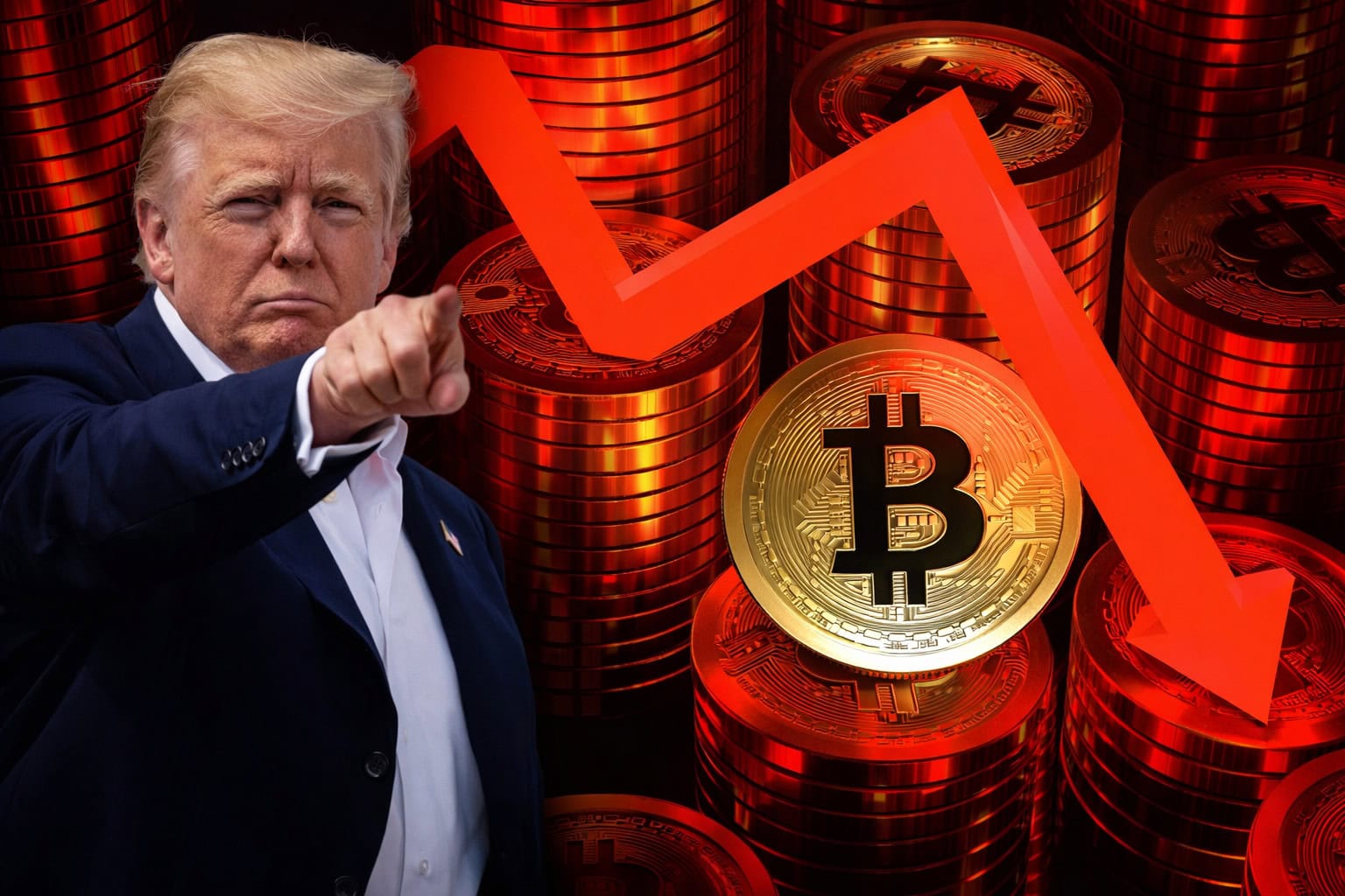 Mann im Anzug steht links im Bild und zeigt mit dem Finger nach vorn. Im Hintergrund sind gestapelte Bitcoin-Münzen sowie ein roter, stark fallender Kursverlauf mit Pfeil nach unten zu sehen. Symbolbild für Bitcoin, Kryptomarkt und starke Kursverluste.