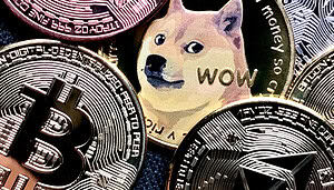 Bitcoin-, Dogecoin- und Ethereum-Münzen