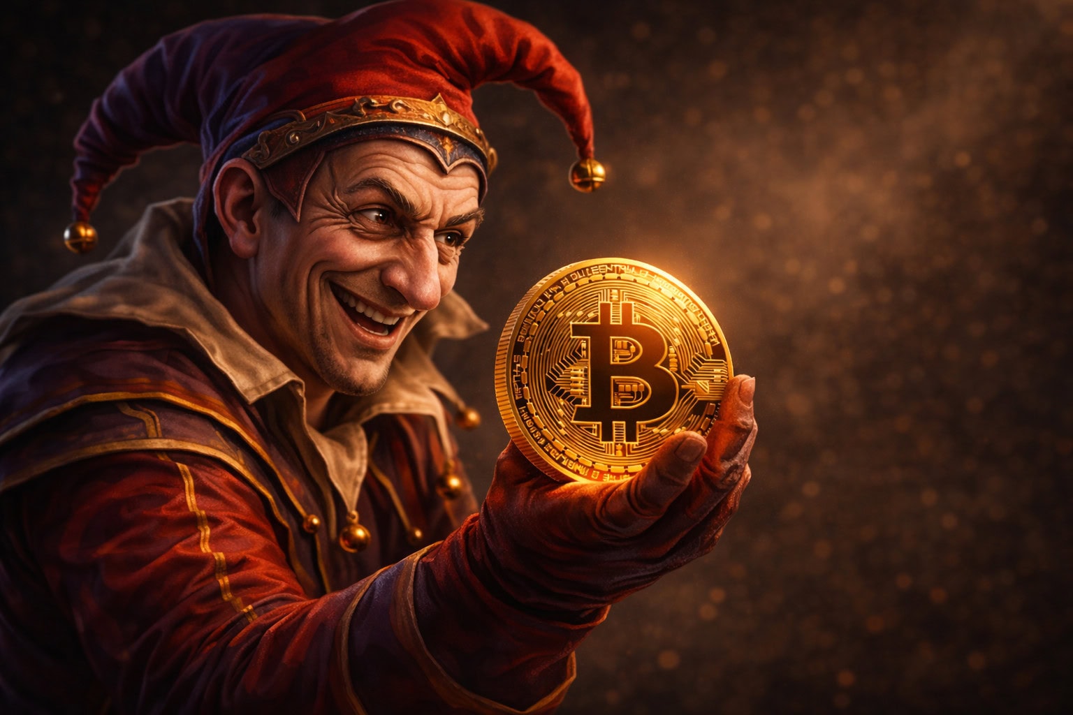 Das Bild zeigt einen Narren der eine Bitcoin-Münze hält