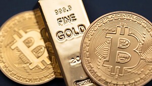 Gold und Bitcoin vor einem schwarzen Hintergrund symbolisieren eine Bitcoin Prognose bis 2030.