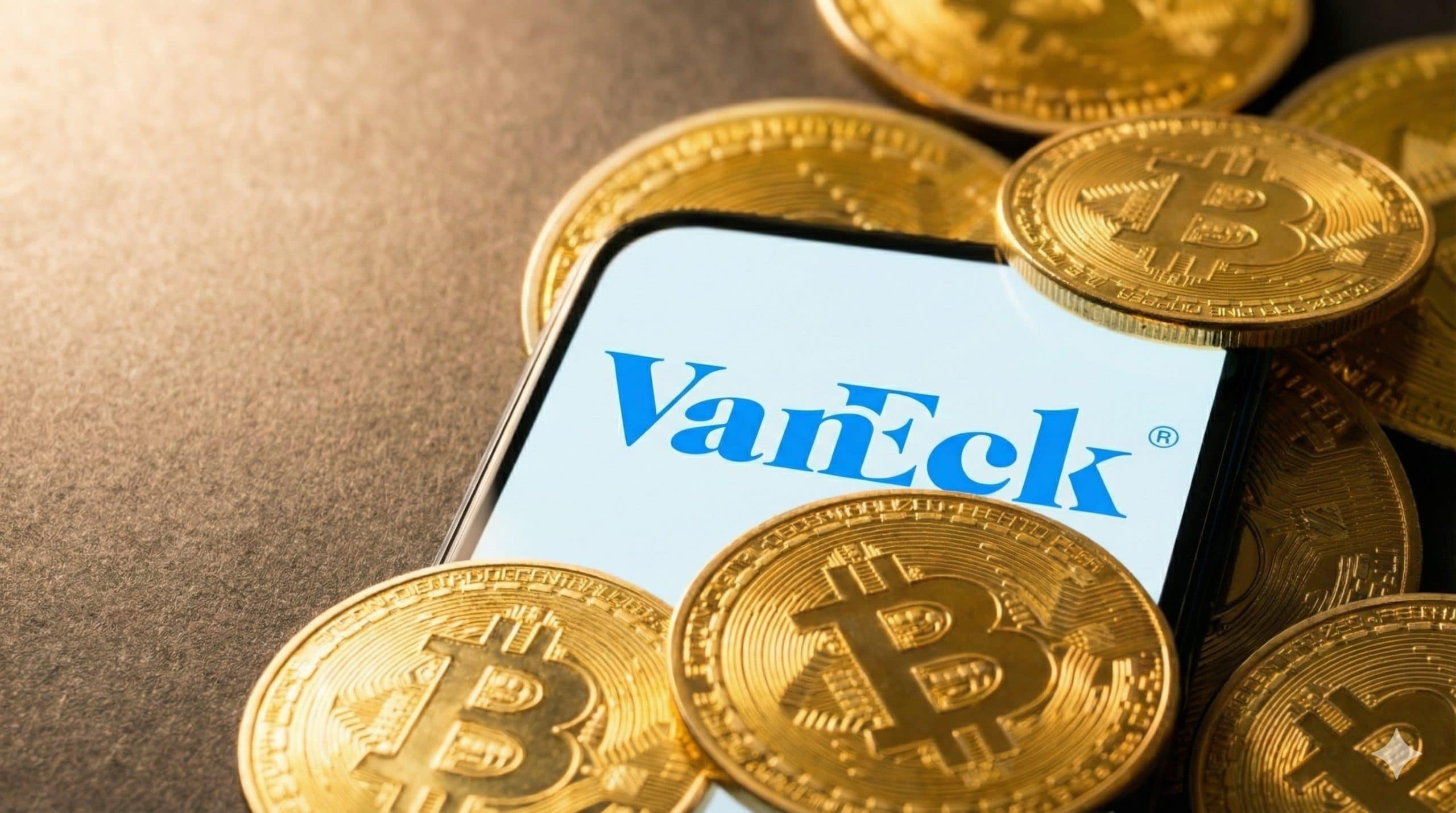 Ein Smartphone mit dem VanEck-Logo umgeben von einem Haufen Bitcoin-Münzen, auf dunklem Hintergrund