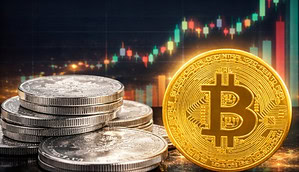 Silbermünzen (links) und eine Bitcoin-Münze (rechts) vor einem steigenden Chart