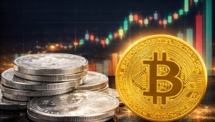 Silbermünzen (links) und eine Bitcoin-Münze (rechts) vor einem steigenden Chart