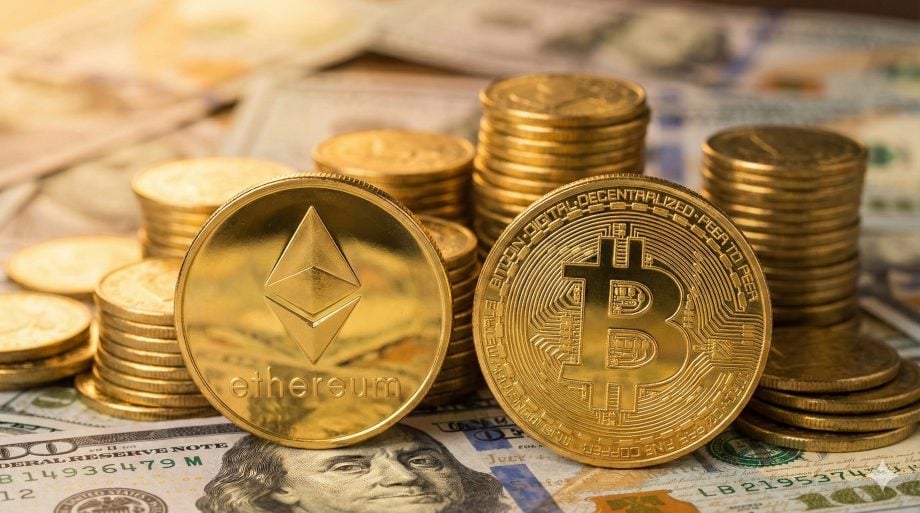 Bitcoin- und Ethereum-Münzen, umgeben von mehreren US-Dollar-Geldscheinen