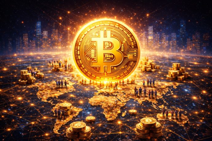 Eine große, goldene Bitcoin-Münze steht im Zentrum des Bildes und schwebt über einer leuchtenden Weltkarte. Auf den Kontinenten sind kleinere Bitcoin-Stapel verteilt, um die Gruppen von Menschen stehen. Leuchtende Linien verbinden die Kontinente miteinander und symbolisieren ein globales Netzwerk. Im Hintergrund sind schemenhaft moderne Großstädte bei Nacht zu sehen.