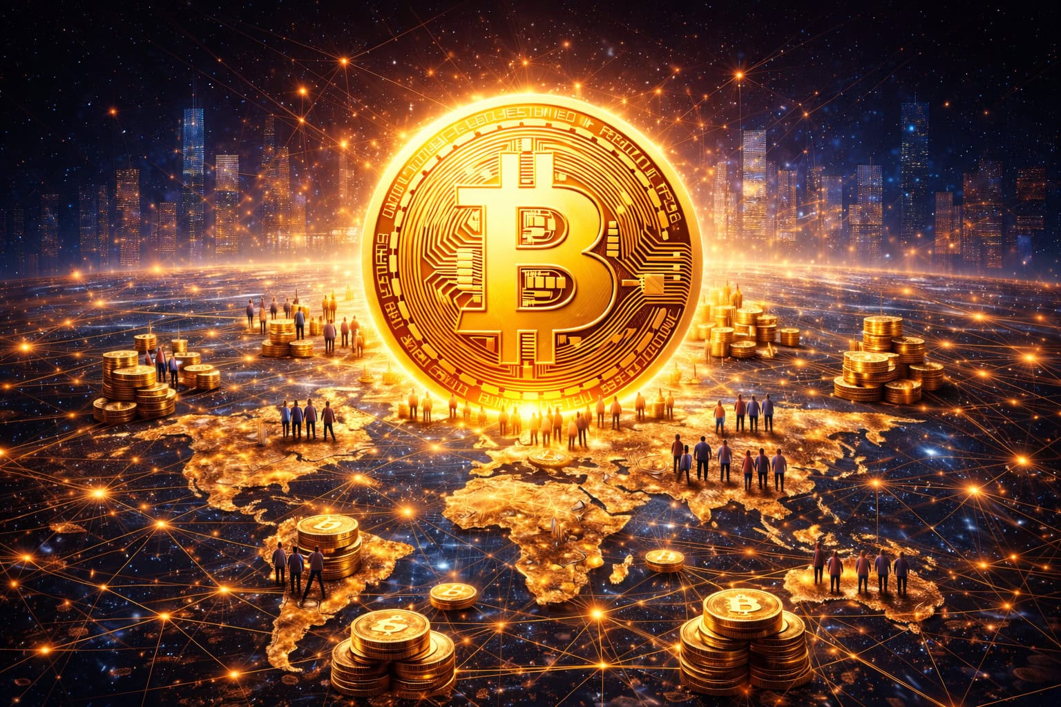 Eine große, goldene Bitcoin-Münze steht im Zentrum des Bildes und schwebt über einer leuchtenden Weltkarte. Auf den Kontinenten sind kleinere Bitcoin-Stapel verteilt, um die Gruppen von Menschen stehen. Leuchtende Linien verbinden die Kontinente miteinander und symbolisieren ein globales Netzwerk. Im Hintergrund sind schemenhaft moderne Großstädte bei Nacht zu sehen.