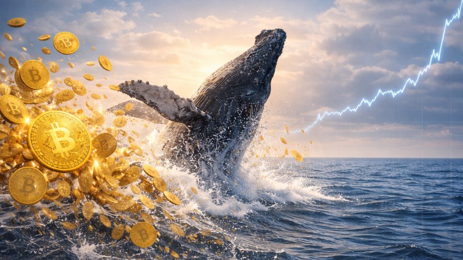 Ein Bitcoin-Wal durchbricht die Wasseroberfläche, umgeben von BTC-Münzen