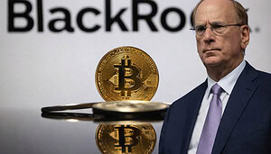 Mann im Anzug steht rechts im Bild vor unscharfem BlackRock-Schriftzug. Im Vordergrund ist eine goldene Bitcoin-Münze auf einer reflektierenden Oberfläche zu sehen. Symbolische Darstellung von Bitcoin, institutionellen Investoren und Finanzmärkten.