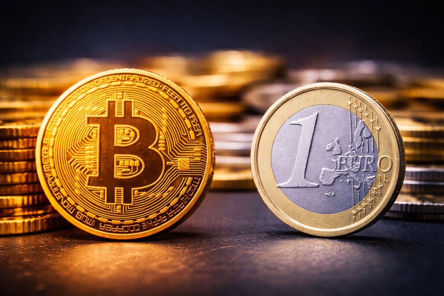 Eine Euro-Münze steht einer Bitcoin-Münze gegenüber.