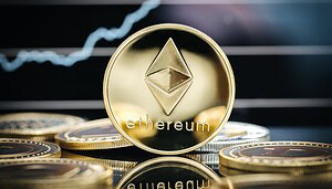 Eine Ethereum-Münze vor einem nach oben gerichteten Kurschart