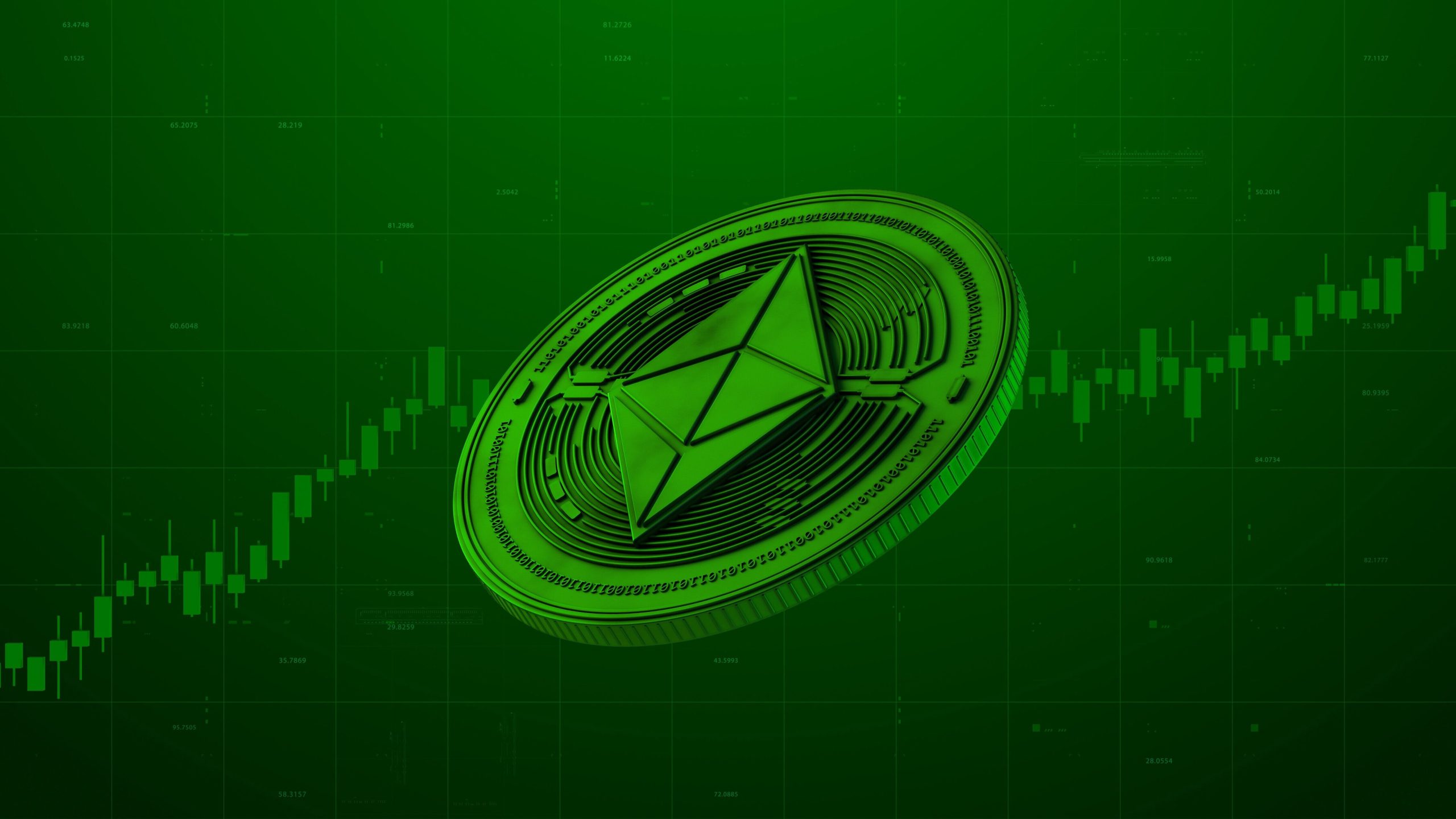 Eine Ethereum-Münze wird vor einem grünen digitalen Finanzdiagramm angezeigt, das die schwankenden Ethereum-Markttrends illustriert.