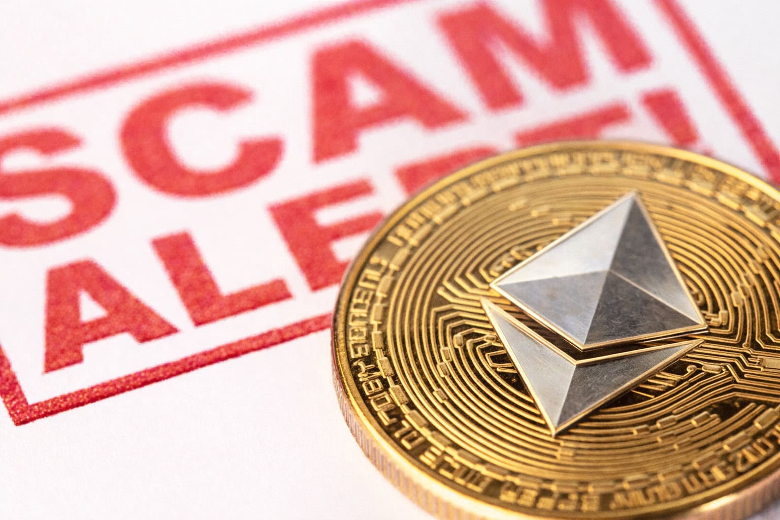 Eine Ethereum-Münze liegt vor einem Stempel, auf dem "Scam Alert" steht.