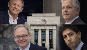 Das Bild zeigt die vier Kandidaten für den Chefposten der Fed. In der Mitte ist das Gebäude der Notenbank zu sehen.