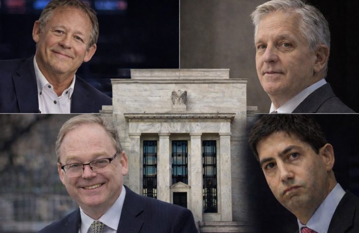 fed-nachfolge-4-kandidaten-auswirkungen-bitcoin Das Bild zeigt die vier Kandidaten für den Chefposten der Fed. In der Mitte ist das Gebäude der Notenbank zu sehen.