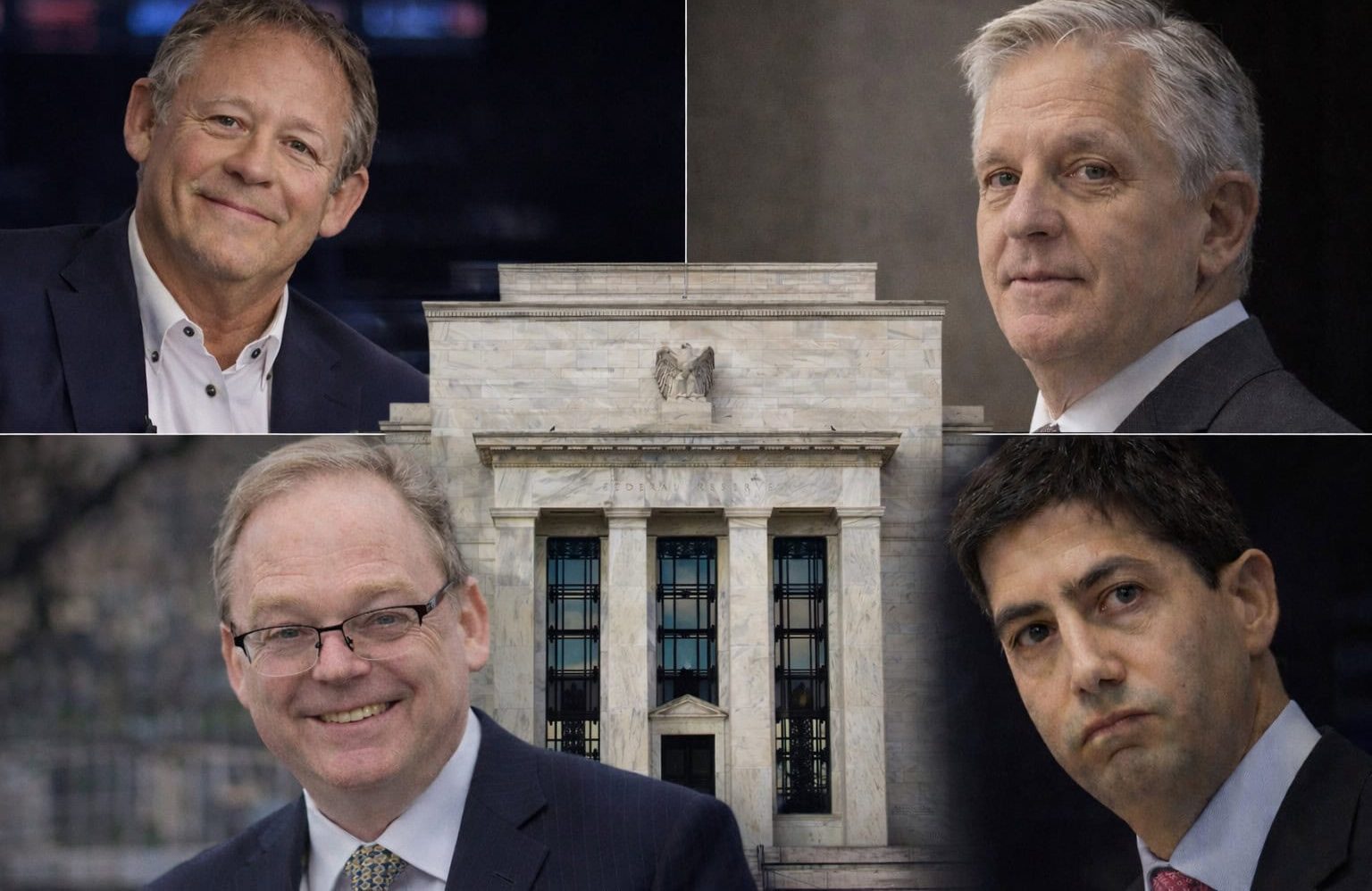 Das Bild zeigt die vier Kandidaten für den Chefposten der Fed. In der Mitte ist das Gebäude der Notenbank zu sehen.