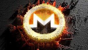 Ein verpixeltes 3D-Rendering des Logos der Kryptowährung Monero, inspiriert vom XMR-Kurs, umgeben von einem leuchtenden Ring und abstrakten digitalen Blöcken in Orange-, Gelb- und Schwarztönen.