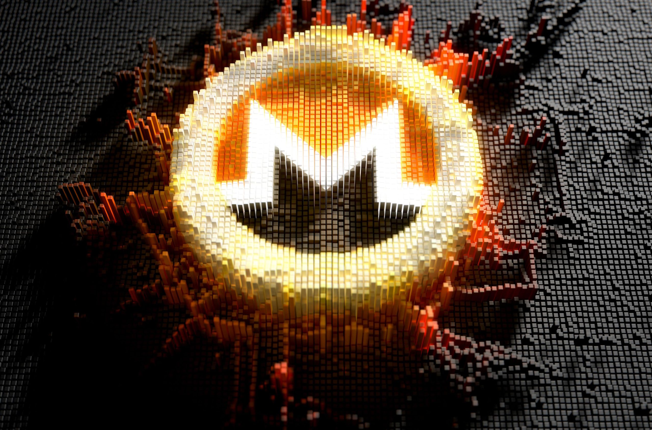 Ein verpixeltes 3D-Rendering des Logos der Kryptowährung Monero, inspiriert vom XMR-Kurs, umgeben von einem leuchtenden Ring und abstrakten digitalen Blöcken in Orange-, Gelb- und Schwarztönen.