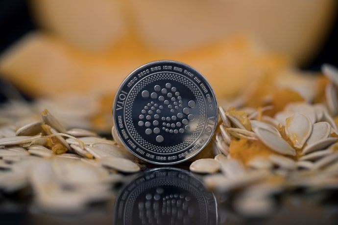 IOTA-Münze steht auf Tisch