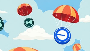 Krypto-Münzen an Fallschirmen im Himmel