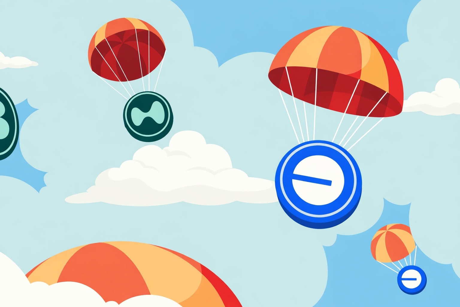 Krypto-Münzen an Fallschirmen im Himmel