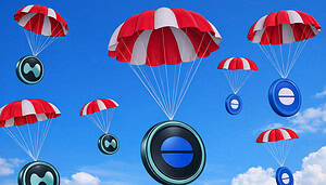 HYPE- und BASE-Münzen hängen von Fallschirmen im Himmel