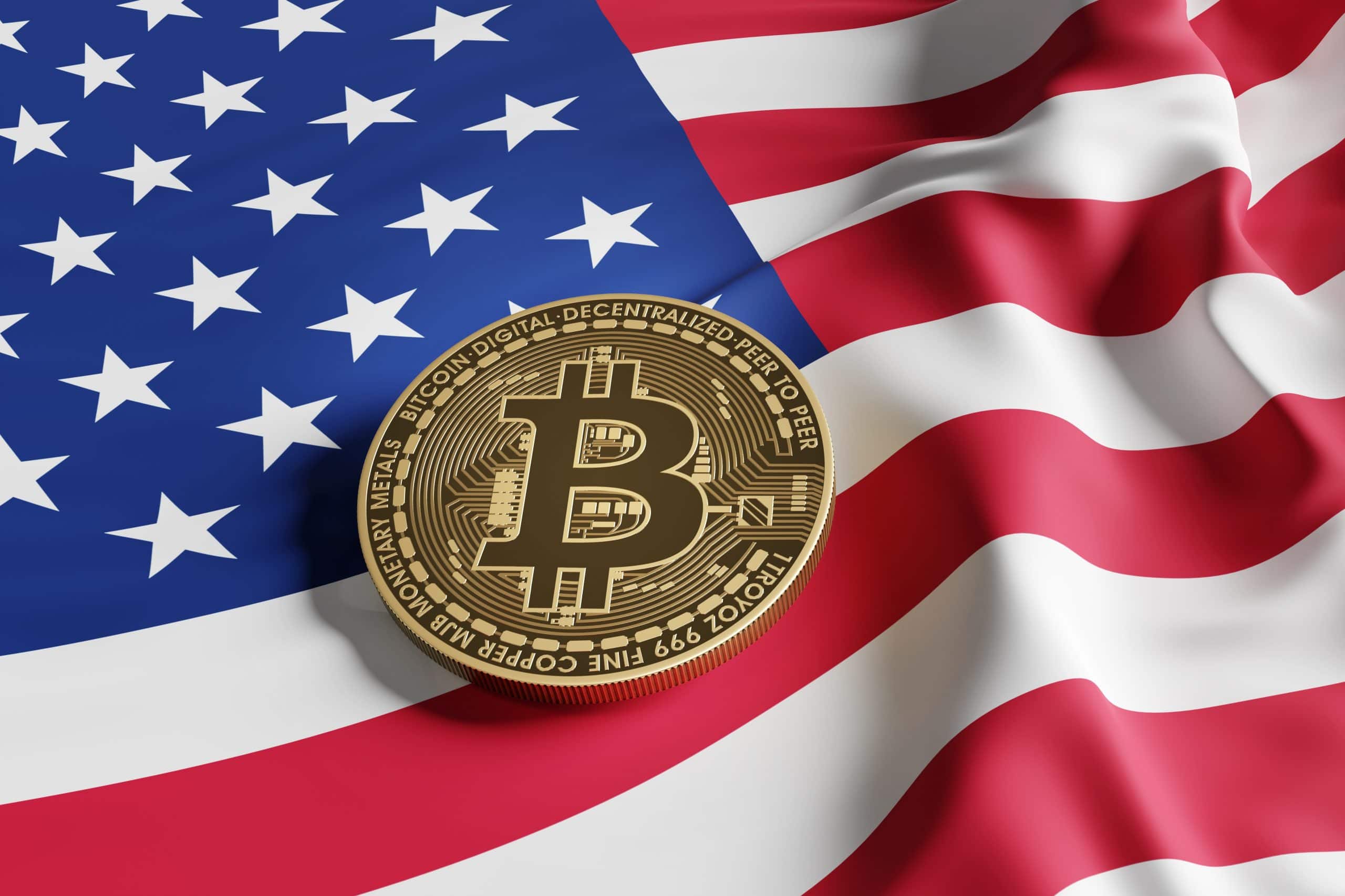 Die Grafik zeigt eine Bitcoin-Münze auf der amerikanischen Flagge