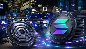 Die Coins von Ondo und Solana stehen im Vordergrund. Im Hintergrund sieht man die Räumlichkeiten der New York Stock Exchange.
