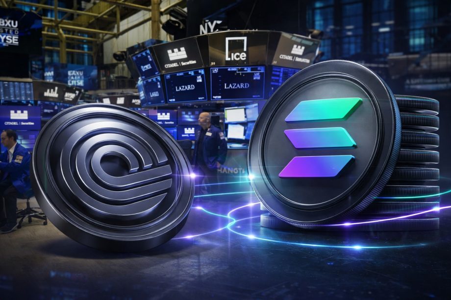 Die Coins von Ondo und Solana stehen im Vordergrund. Im Hintergrund sieht man die Räumlichkeiten der New York Stock Exchange.