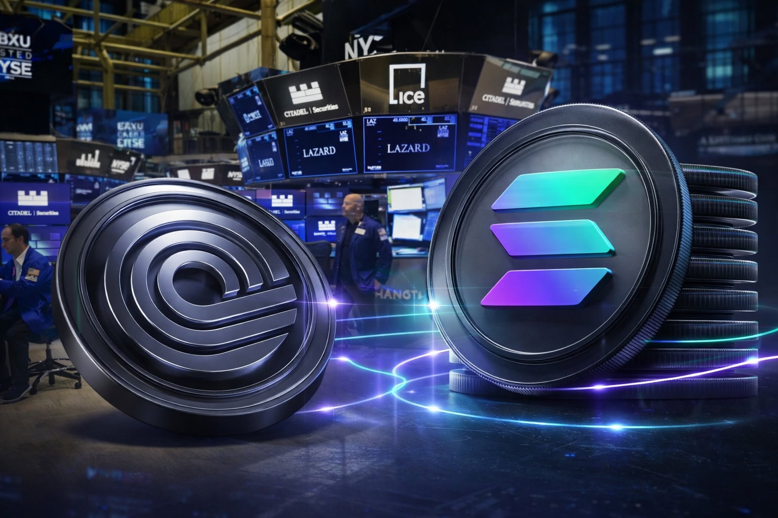 Die Coins von Ondo und Solana stehen im Vordergrund. Im Hintergrund sieht man die Räumlichkeiten der New York Stock Exchange.