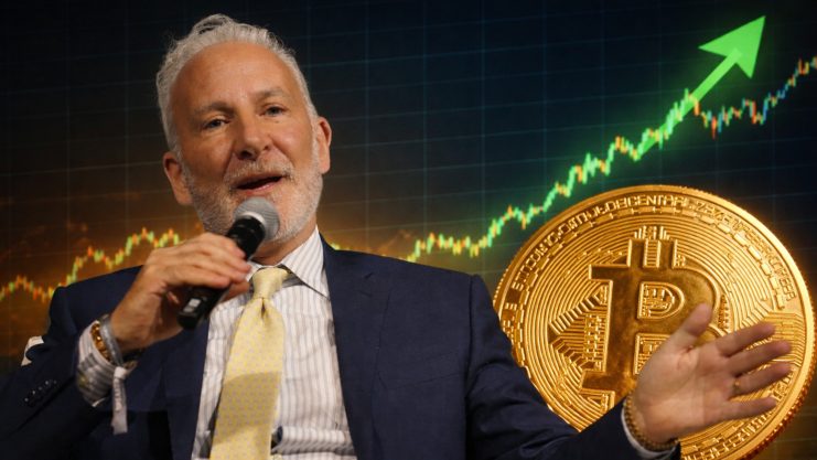 Peter Schiff vor einem steigenden Bitcoin-Chartbild