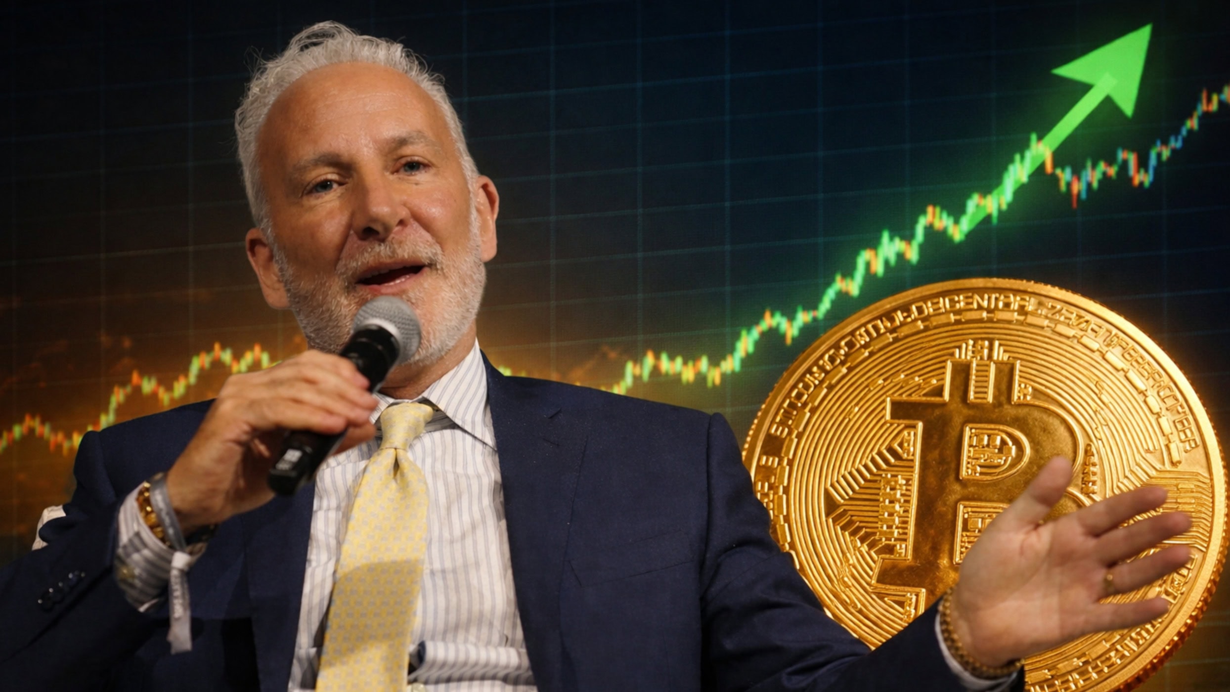 Peter Schiff vor einem steigenden Bitcoin-Chartbild