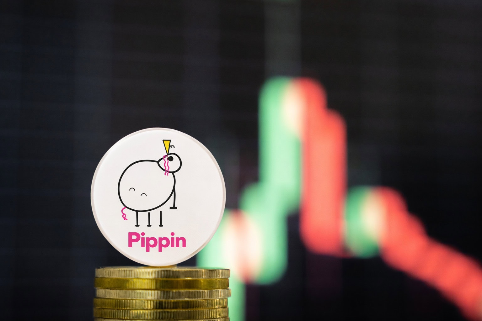Das Logo des Memecoins Pippin vor einem Kursverlauf.