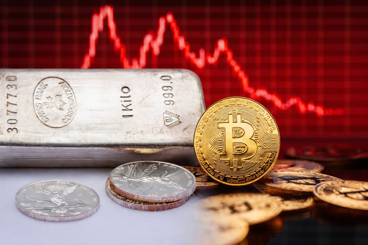Ein Silberbarren und eine Bitcoin-Münze vor einem rötlichen Chart.