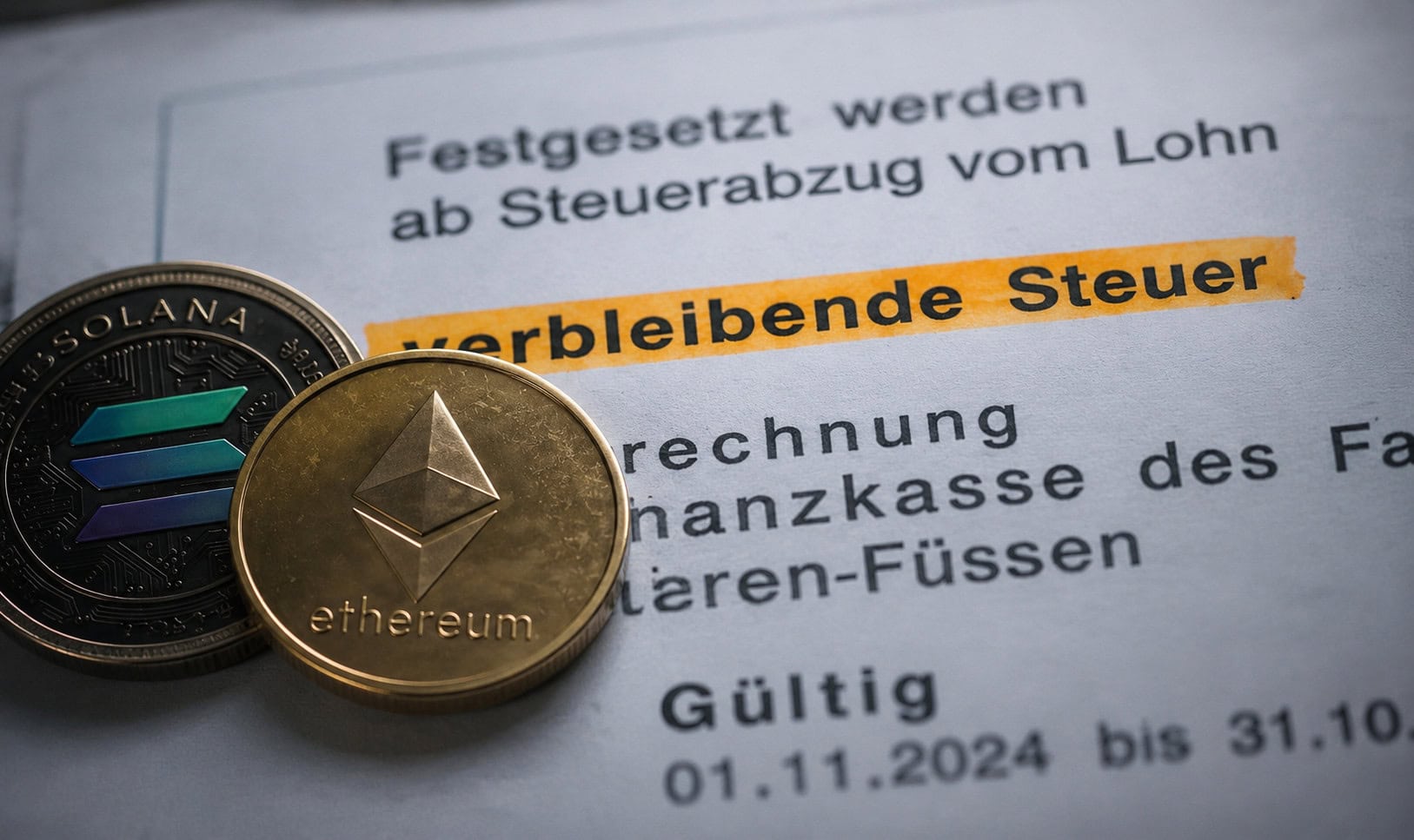 Eine Solana und eine Ethereum-Münze sind vor einem Schreiben des Finanzamtes zu sehen, das über die zu zahlenden Steuern informiert.