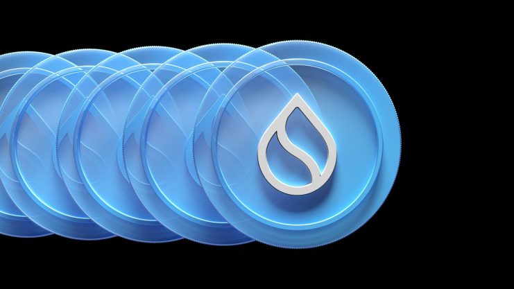 Sui Token auf schwarzem Hintergrund