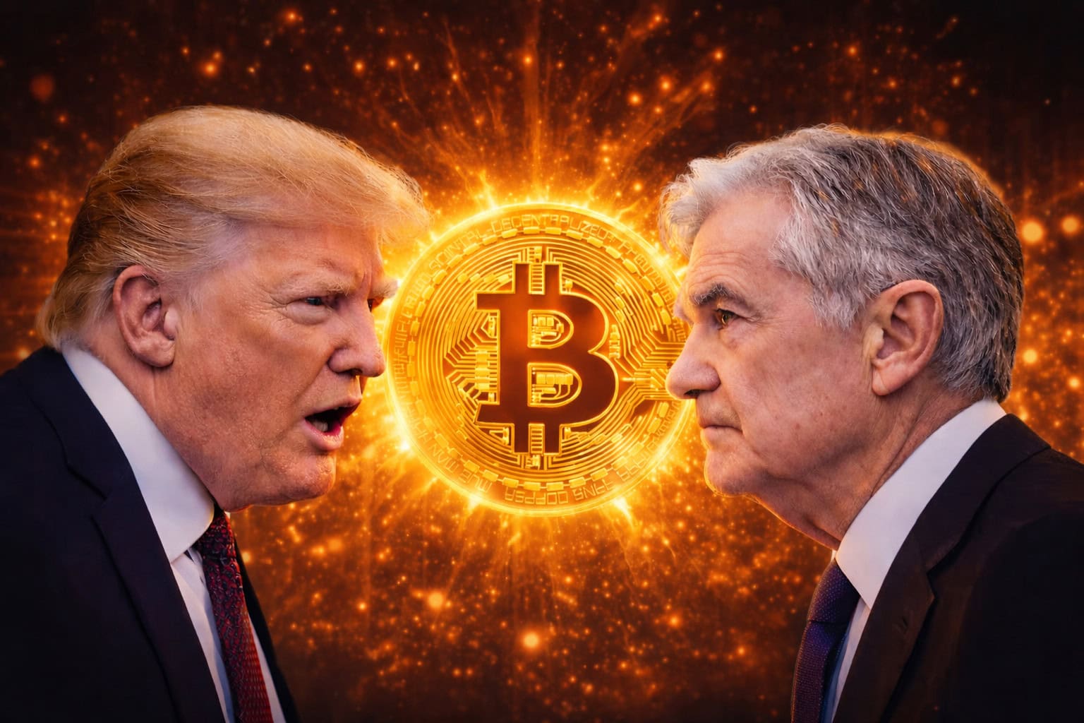 Trump links und Jerome Powell rechts stehen im Konflikt. Dazwischen: Bitcoin