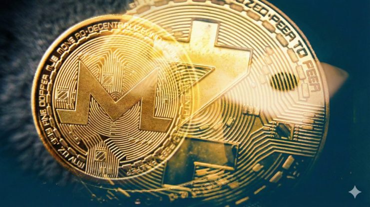 Digitale Währung, physische Silbermünze, Monero und ZCash. Monero-Nahaufnahme-Konzept.