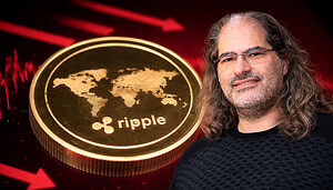 Goldene Ripple-Münze vor rotem Krypto-Kursdiagramm mit fallenden Pfeilen; rechts dezent ein Mann mit langen grauen Haaren und Brille, der in den Hintergrund integriert ist – Symbolbild für XRP-Kurs, Kryptomarkt und Marktbewegungen.