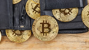 Das Bild zeigt eine Wallet mit Bitcoin-Münzen