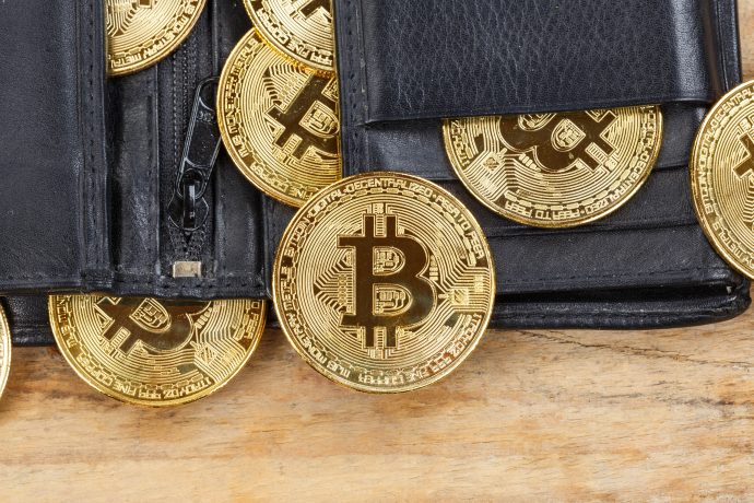 Das Bild zeigt eine Wallet mit Bitcoin-Münzen